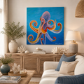 Original colorful octopus acrylic painting on canvas by Paula A. Chavers displayed in a coastal-style living room with neutral decor and ocean-inspired accents.